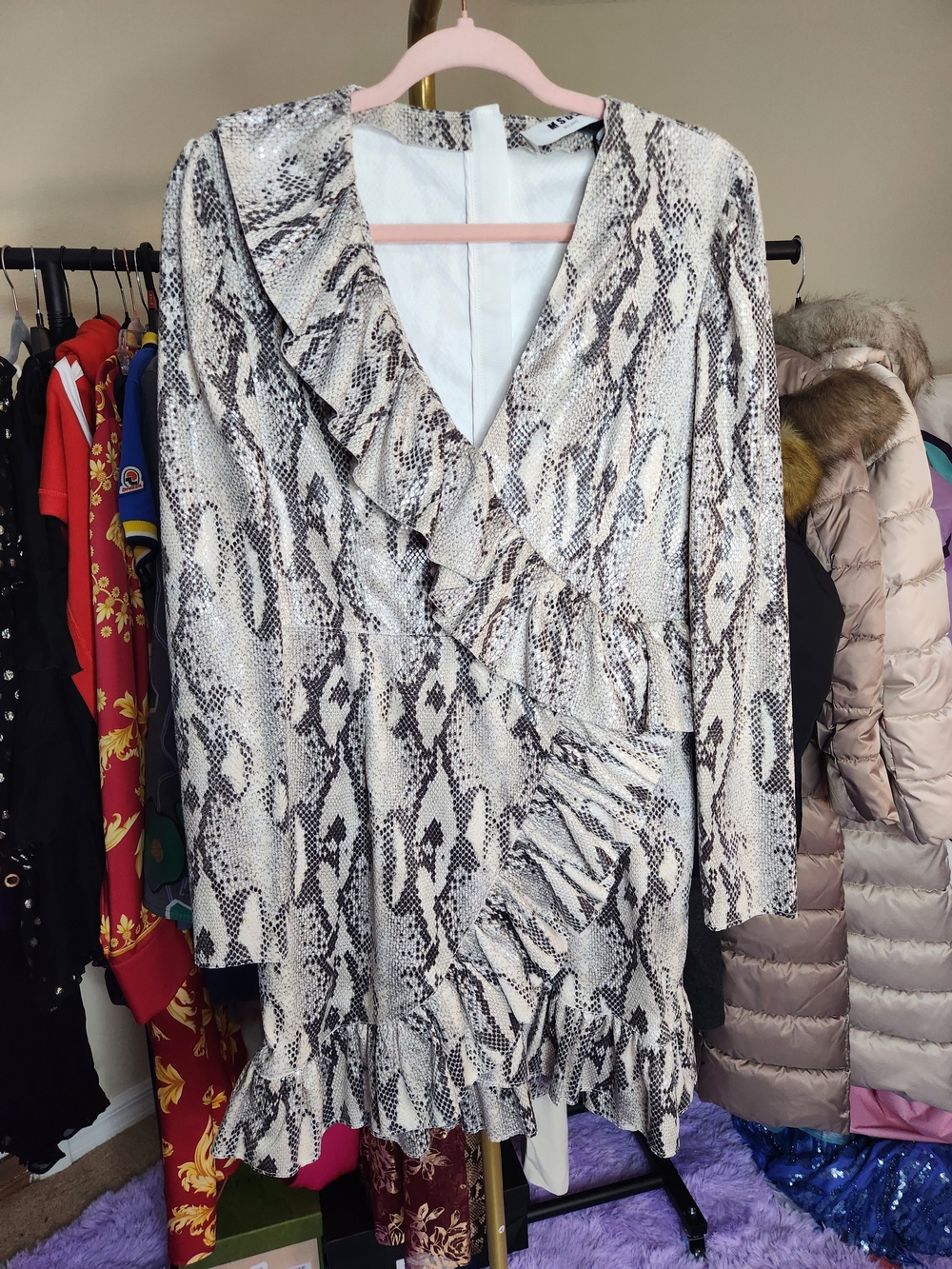 MSGM Neutral Ruffled Snake-Print Dress